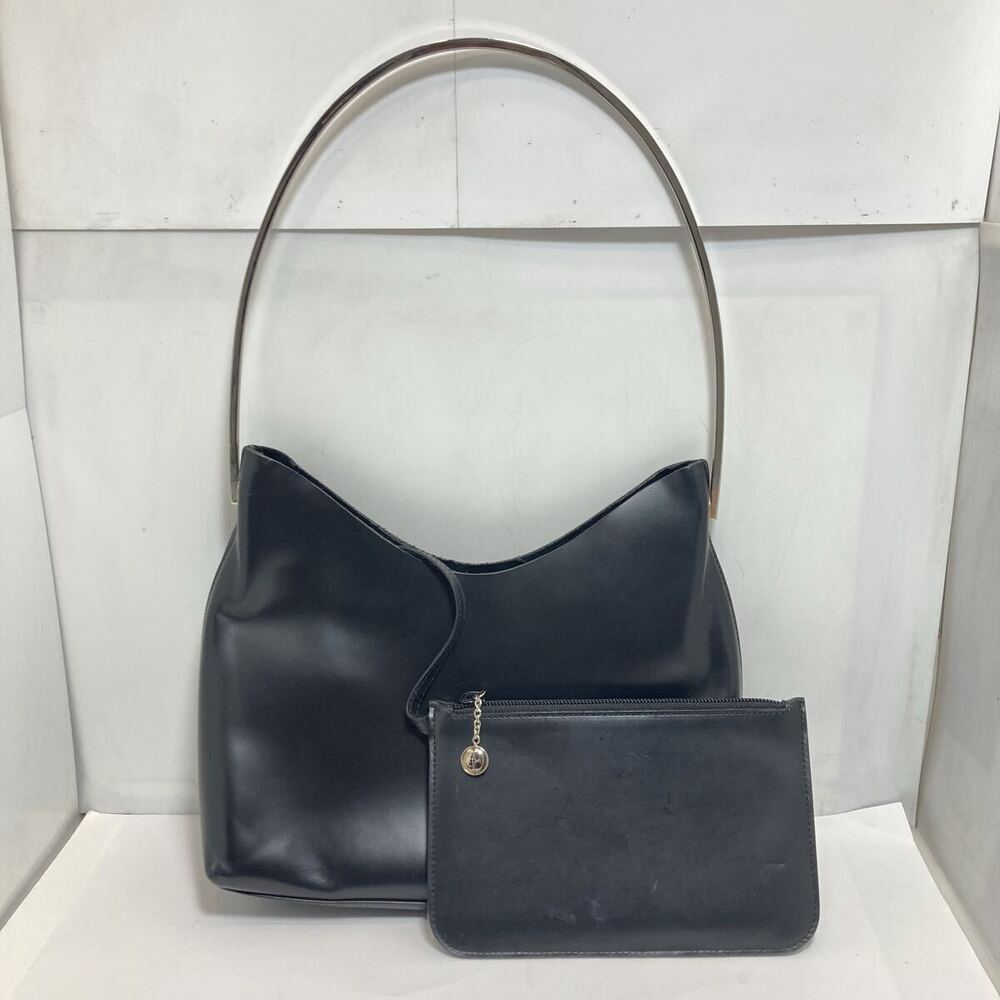 GUCCI Metal Handle Handbag Black Leather Silver